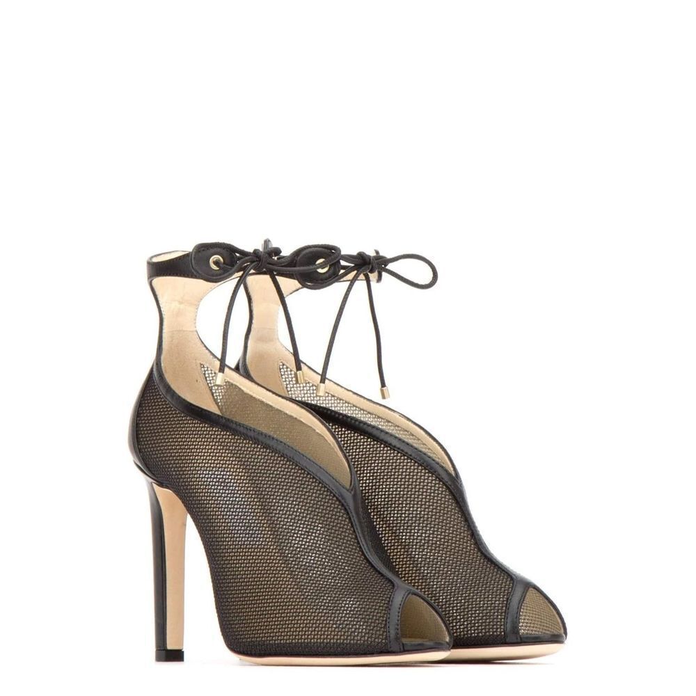 Jimmy Choo Sayra 100 Mesh Ankle Lace Up Tie Black Heels Booties Leather Size 36 - Picture 2 of 12